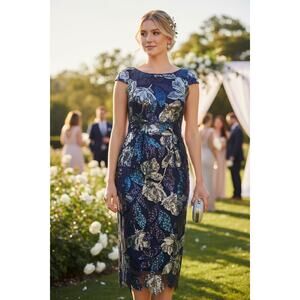 NWT MARCHESA DRESS BLUE SEQUINS FLORAL EVENING COCKTAIL FORMAL WEDDING GUEST